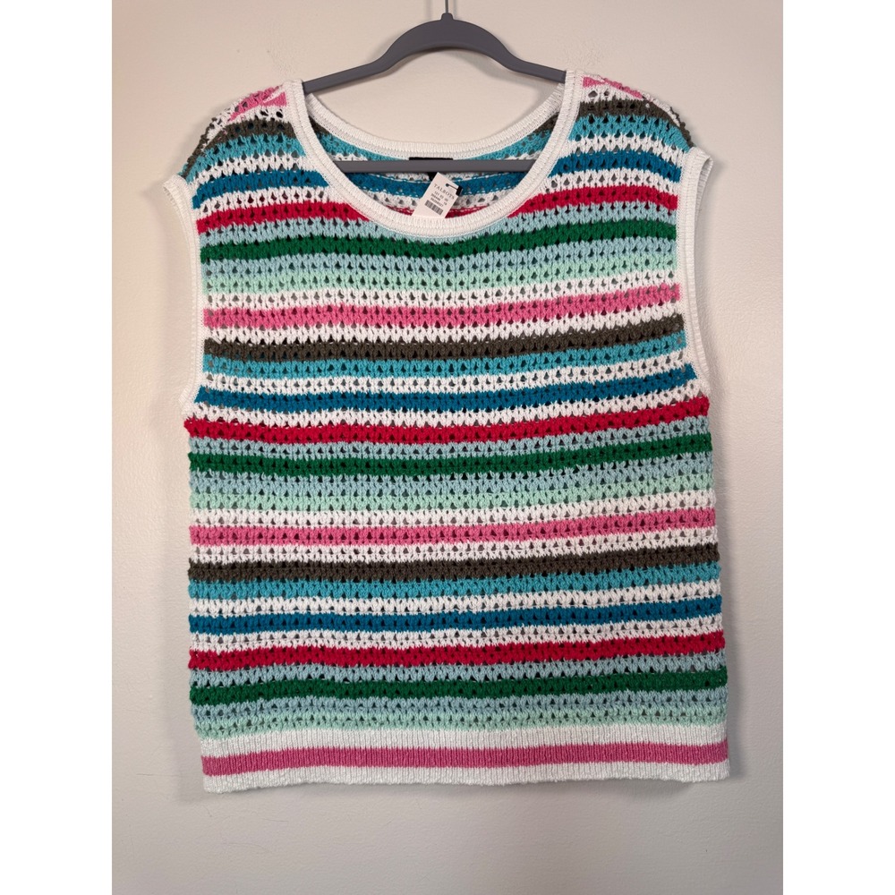 Talbots Multi-Color Striped Boho Crochet Sweater Vest Womens M Open Weave NEW